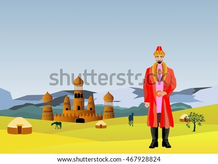 Kazakhstan countryside landscape, kazakh man in ethnic dress