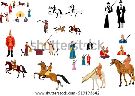 Nomad people vector collection set. Kazakha in traditional national drees.