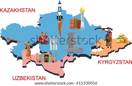 Vector illustration of 3 middle asian countries showing its culture and diversity with monuments, symbols