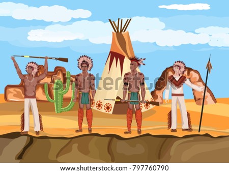 Native american warriors stand in prairie, vector landscape, vector people. Native american indains theme. Illustration