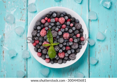 Frozen berries on a turquoise background, top view