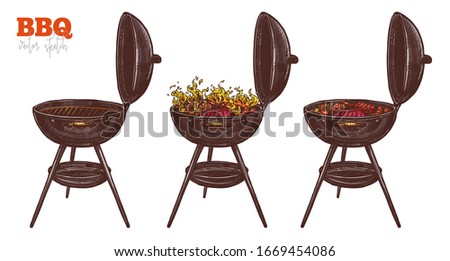 Barbecue grill set with fire, coal, grilled meat, vegetables, sausages and steak. BBQ party equipment for outdoor rest. Isolated sketch hand drawn vector on white. Food concept