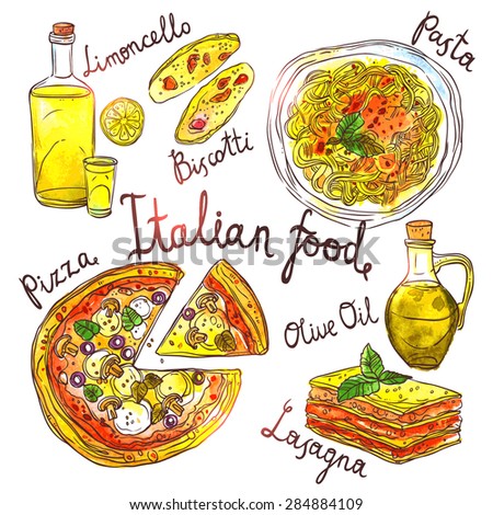 Italian Food, Hand Drawn Watercolor Illustration With Pizza, Pasta ...