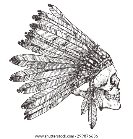 Hand Drawn Native American Indian Headdress With Human Skull In Profile ...