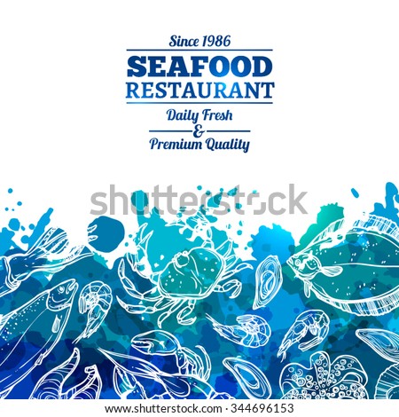 Seafood Restaurant. Seafood Background With Watercolor Effect