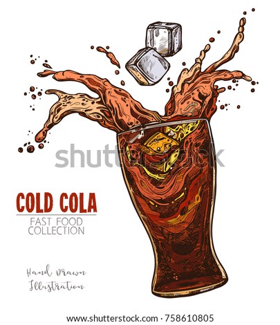 Glass with splash of Cola and ice cubes, cold soda beverage. Hand drawn sketch of classic fast food drink. Colorful image for menu, advertising, banners. Vector isolated on white background