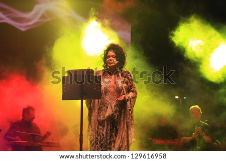 ISTANBUL - JUL 7: Singer Bulent Ersoy performs onstage at the annual Summer Concert events on the Maltepe open-air stage on July 7, 2012 in Istanbul. Classical Turkish Music Concert
