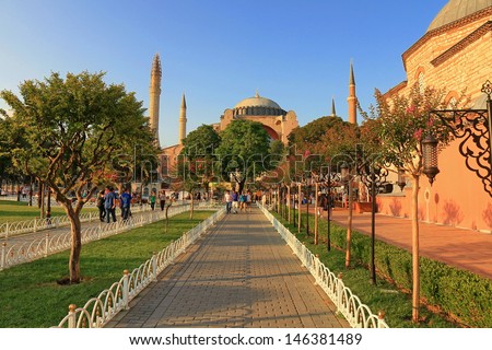 ISTANBUL - JUL 15: Hagia Sophia Museum on July 15, 2013 in Istanbul, Turkey . Basilica is a world wonder of Istanbul since it was built in 537 AD. Hagia Sophia, Istanbul