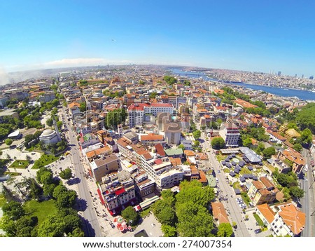 Divanyolu and Yerebatan Streets from above. Goldenhorn in the distance. Aerial Istanbul