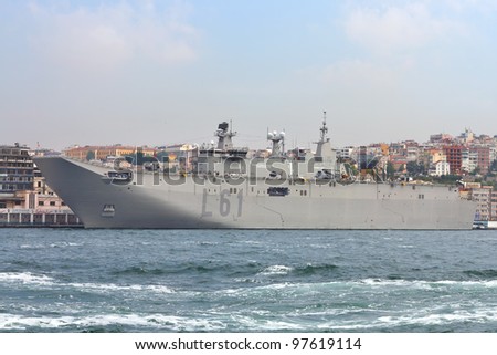 ISTANBUL - MAY 30: Strategic Projection Vessel of the Spanish Navy, L-61 SPS Juan Carlos 1 docked in Port Karakoy for a 5 day visit on May 30, 2011 in Istanbul.