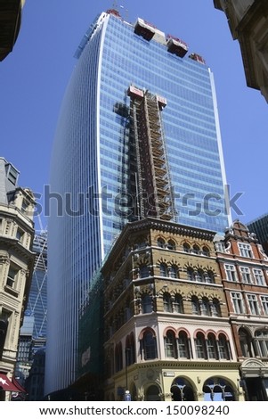 LONDON, UK - AUG 1: 20 Fenchurch Street in construction on August 1, 2013, in London, UK. Rafael Vinoly designed building (the Walkie-Talkie) completion due April 2014 with Markel and Kiln as tenants.