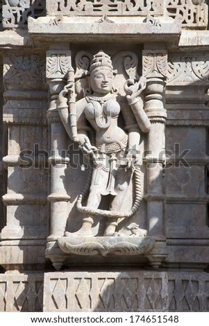PALITANA, GUJARAT, INDIA - MARCH 2: Sculpture on a Jain shrine, Mount Satrunjaya on March 2, 2012 near Palitana, Gujarat, India. Sacred to Jains, Jainism is one of the worlds oldest religions.