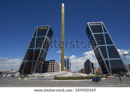 Madrid, Spain - April 6, 2014: La Puerta de Europa known as Torres KIO (KIO Towers) at Paseo de la Castellana. The leaning towers owned by Bankia and Realia are designed by Philip Johnson, John Burgee