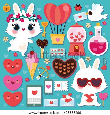 Vector set of cute bunnies and items for Valentine's Day. Heart, sweets, love letter, and other elements.