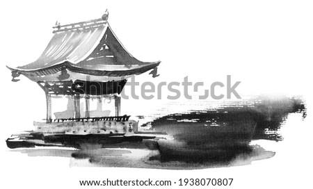 Traditional japanese building on white background. Artistic painting by ink and watercolor in sumi-e style.