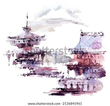 Watercolor and ink sketch - illustration of pagoda buildings in landscape, oriental traditional sumi-e painting