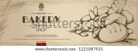 Vintage Bakery shop template banner background with bakery products hand drawn doodle sketch illustration