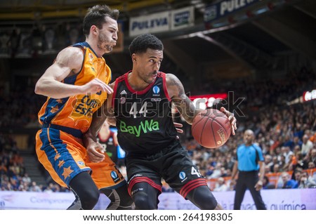 VALENCIA, SPAIN - MARCH 5: Pau Ribas and Bryce Taylor during EURO CUP match between Valencia Basket Club and Bayern Munich at Fonteta Stadium on March 5, 2015 in Valencia, Spain