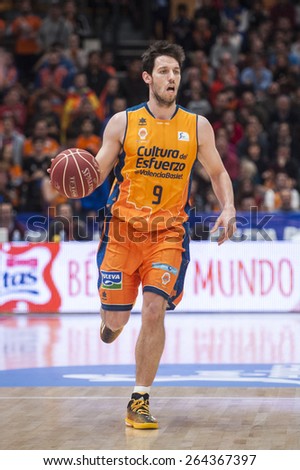 VALENCIA, SPAIN - MARCH 5: Sam Van Brossom during EURO CUP match between Valencia Basket Club and Bascelona F.C. Basket at Fonteta Stadium on March 22, 2015 in Valencia, Spain
