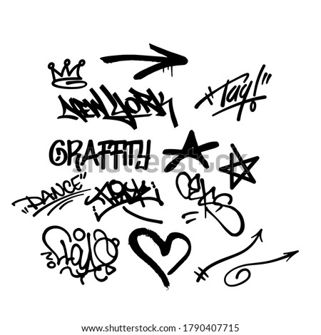 black graffity elements in vector isolated on white background. Tags, spray, graffity,