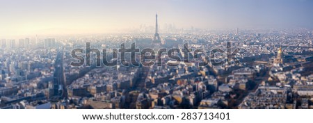 Aerial View on Paris, France with tilt-shift effect