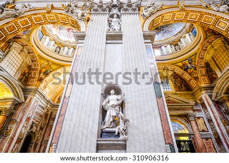ROME - March 25 2015: Interior of the Saint Peter in the Vatican on March 25, 2015 in Rome, Italy. St. Peter\'s Basilica until recently was considered the largest Christian church in the world.