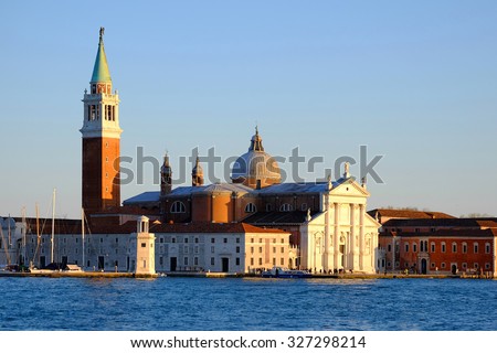 San Giorgio Maggiore church in the background in beautiful evening light at sunset, San Marco, Venice, Italy