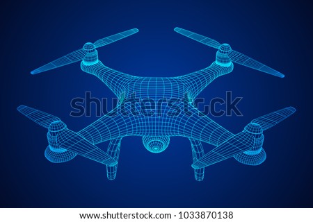 Remote control air drone. Dron flying with action video camera. Wireframe low poly mesh vector illustration