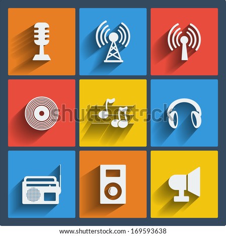 Set of 9 music vector web and mobile icons in flat design.