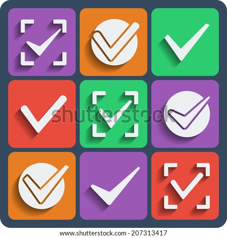 Set of 9 check marks vector web and mobile icons in flat design. Ticks in boxes conceptual of confirmation acceptance positive passed voting agreement true or completion of tasks on a list