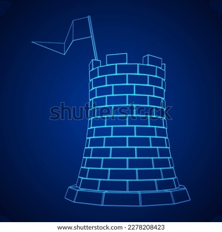 Castle knight tower. Medieval ancient fortress with banner flag. Wireframe low poly mesh vector illustration