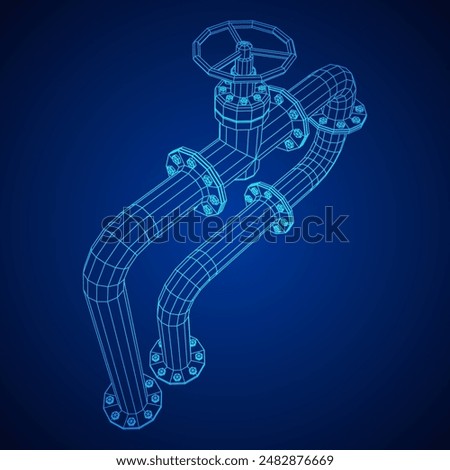 Oil pipeline with valve. Petrol production. Petroleum fuel industry transportation line. Wireframe low poly mesh vector illustration