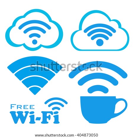 Internet cafe free wifi vector icons set. Coffee Cup Wireless Network icon. White and blue flat button with wi-fi symbol in cloud. Modern UI element. Vector illustration.