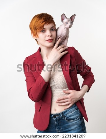 Similar – Image, Stock Photo Sphynx cat on shoulder of owner