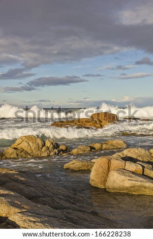 Beautiful nature coast with rocks and great waves in Tasmania, South Australia.