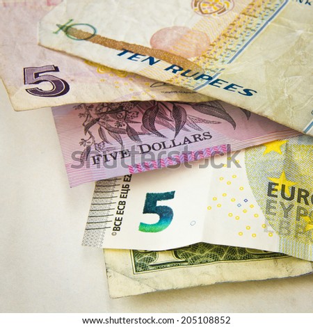 US dollar, Euro, Australian dollar, Turkish Lira and Seychelles rupees used banknotes.