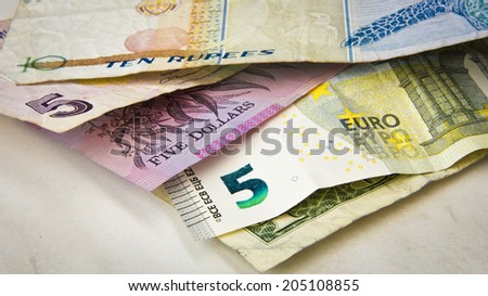 US dollar, Euro, Australian dollar, Turkish Lira and Seychelles rupees used banknotes.