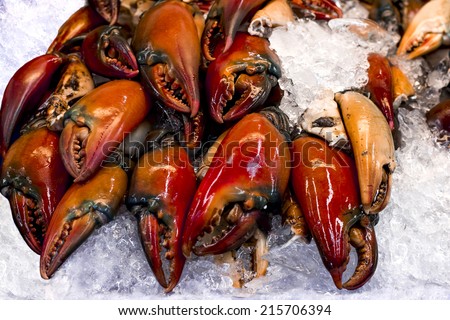 Fresh raw Crab Claws lay on ice in seafood supermarket.