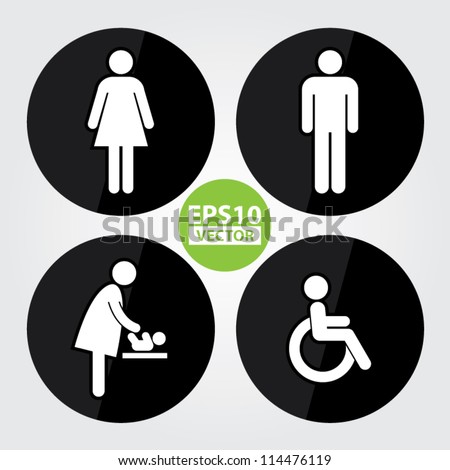 Black Circle Toilet Sign with Black Circle Background, Man Sign, Women Sign, Baby Changing Sign, Handicap Sign – EPS10 Vector