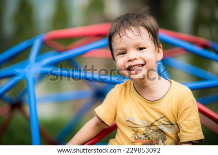 Cute Asian Caucasian mixed race toddler happily playing on monkey bars in a playground outside in the summer sun