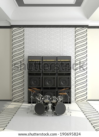 Drum kit and guitar amps in a beautiful abstract interior