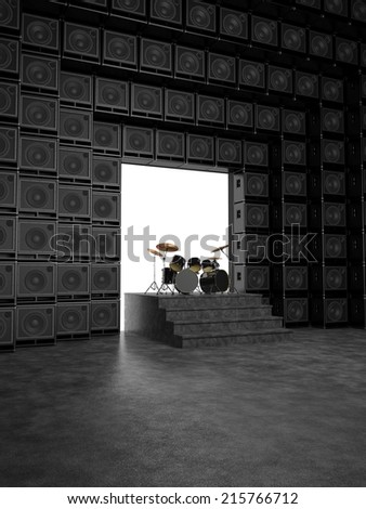 Drum set on a background of a wall of guitar amps