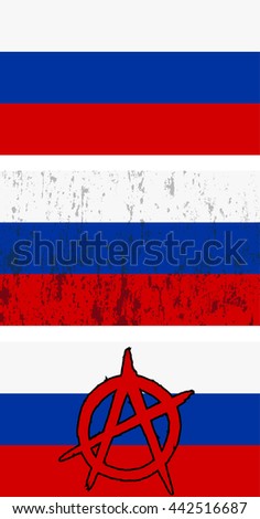 Set Russian flags, plain and grunge with anarchy sign. Vector image