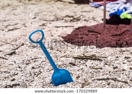 Blue Toy Spade/ a toy spade posed on a pink shelly beach