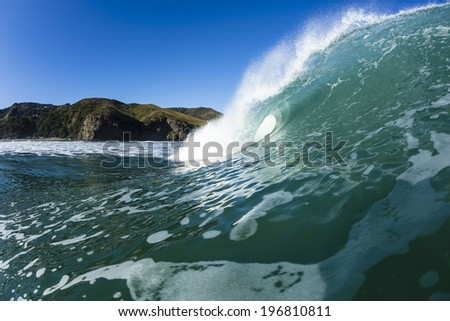 Tubing Wave/ a perfect left hand wave tubes at South Piha Beach, New Zealand.