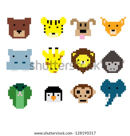 Vector pixel animal face collection