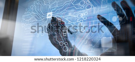 Artificial Intelligence (AI),machine learning with data mining technology on virtual dachboard.Double Exposure,Businessman hand working concept. Documents finance graphic chart.  Сток-фото © 