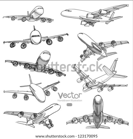 Set Of Airplane Hand Drawn Vector Line Illustration - 123170095 ...