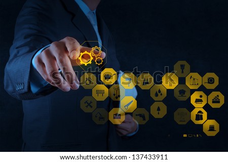 businessman hand point the gears icon to success concept