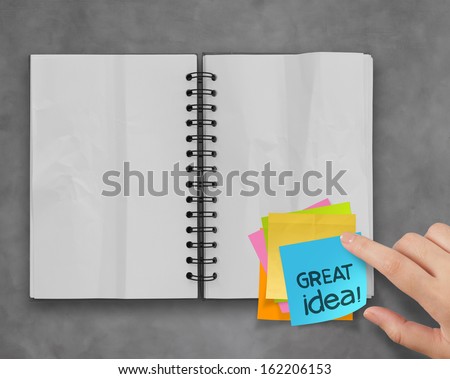 great idea word sticky notes with open blank note book on desk top texture